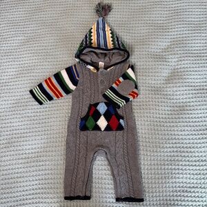 Baby Gap Sweater Romper 0-3 Months Gray Argyle Fair Isle Tassel Hooded 00s 2008